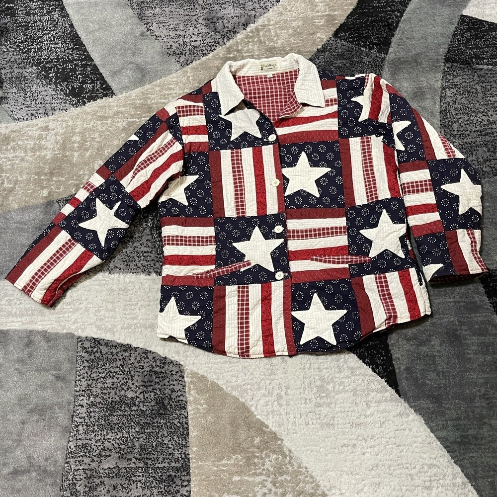 VTG Patch Magic Jacket Reversible Quilted Women XL Red Patchwork Star Grannycore